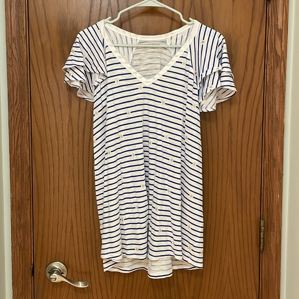 LANE BRYANT UEC Womens Size 14/16 Blue White Striped Gold Star Flutter Tee - Picture 4 of 12